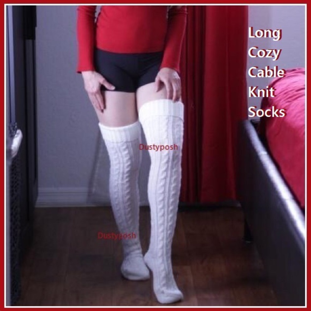 2 Pair Cable Knit Over Knee Socks Thigh High Boot White Pink Grey Black Winter